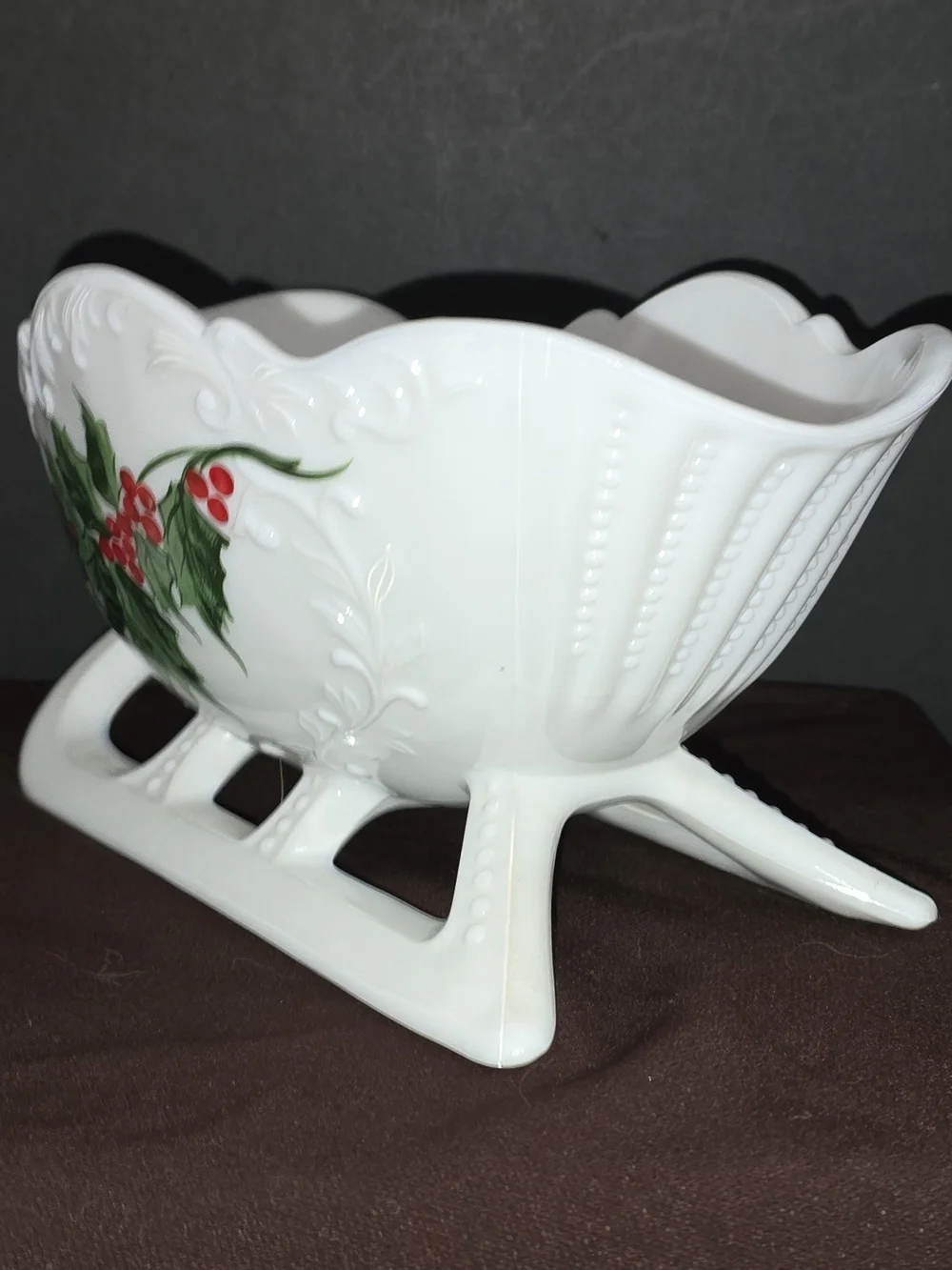 Westmoreland Glass Company hand-painted holly milk glass sleigh